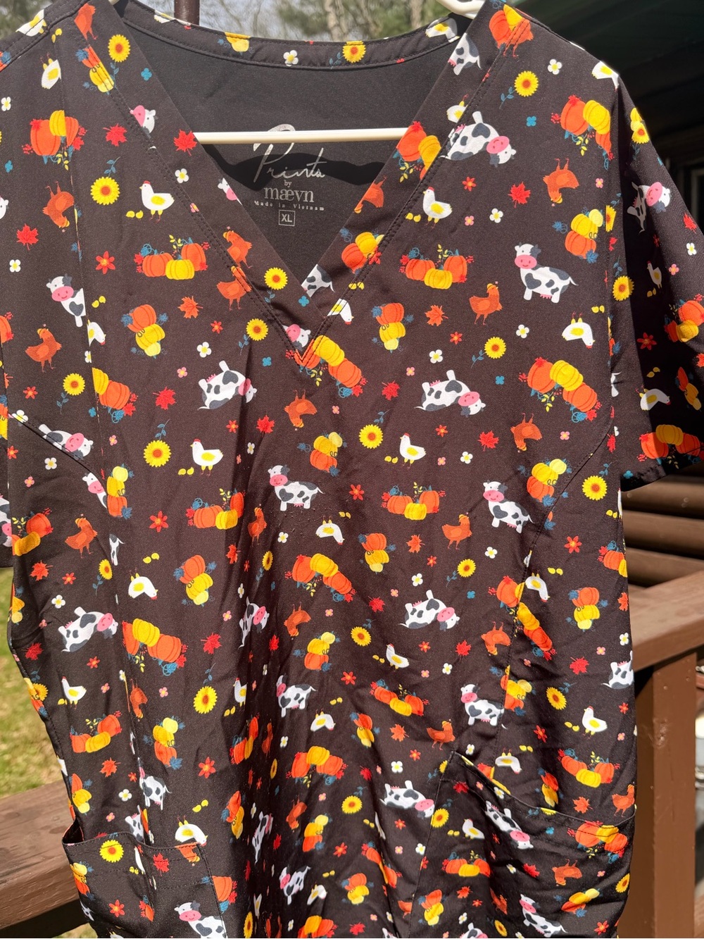 Maevn Prints V-neck Scrub Top in Black with Fall Animal & Pumpkin Print